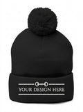 Embroidered pom pom knit beanie, pom pom detail