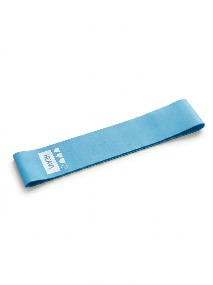 Blue resistance band with 'HEAVY' label on a white background