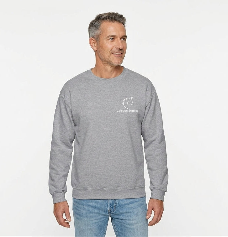 Man wearing a gray sweatshirt with a logo on a white background