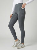 Grey full-seat riding tight inner thigh silicone grip panel and side phone pocket detail, Golden Goose sneakers