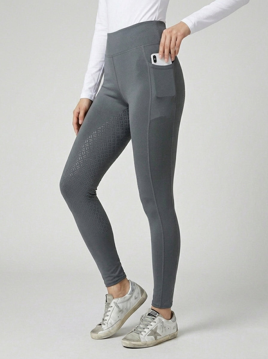 Grey full-seat riding tight inner thigh silicone grip panel and side phone pocket detail, Golden Goose sneakers