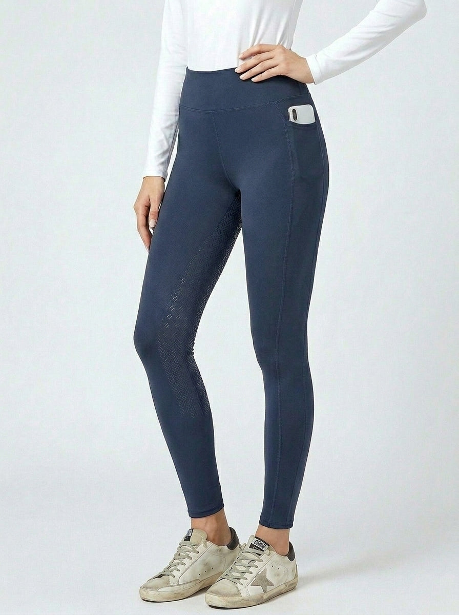 Navy blue full-seat riding tight inner thigh silicone grip panel and side phone pocket detail, Golden Goose sneakers