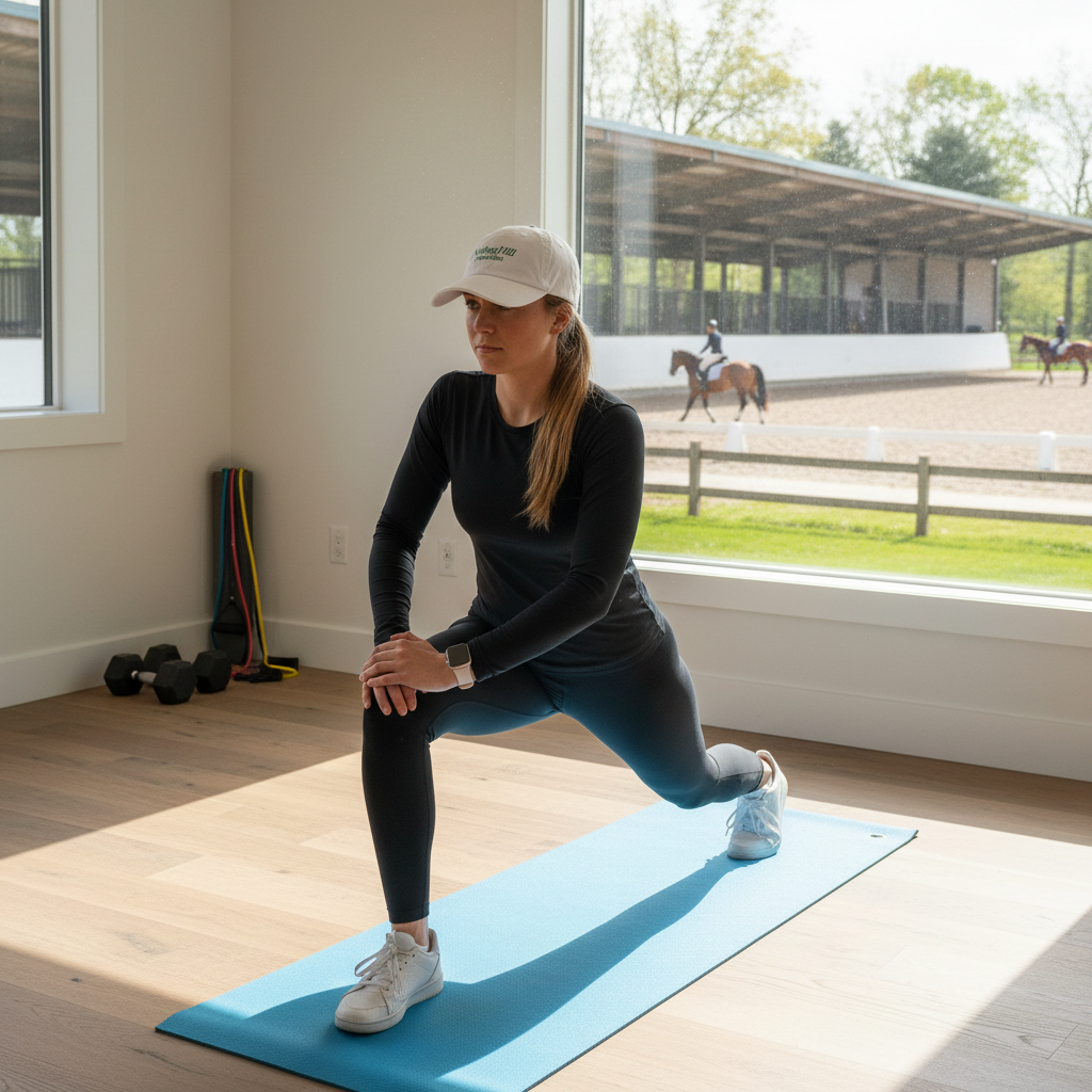 Rider wearing white Notting Hill Equine Grand Prix baseball cap at the barn, equestrian exercise lifestyle