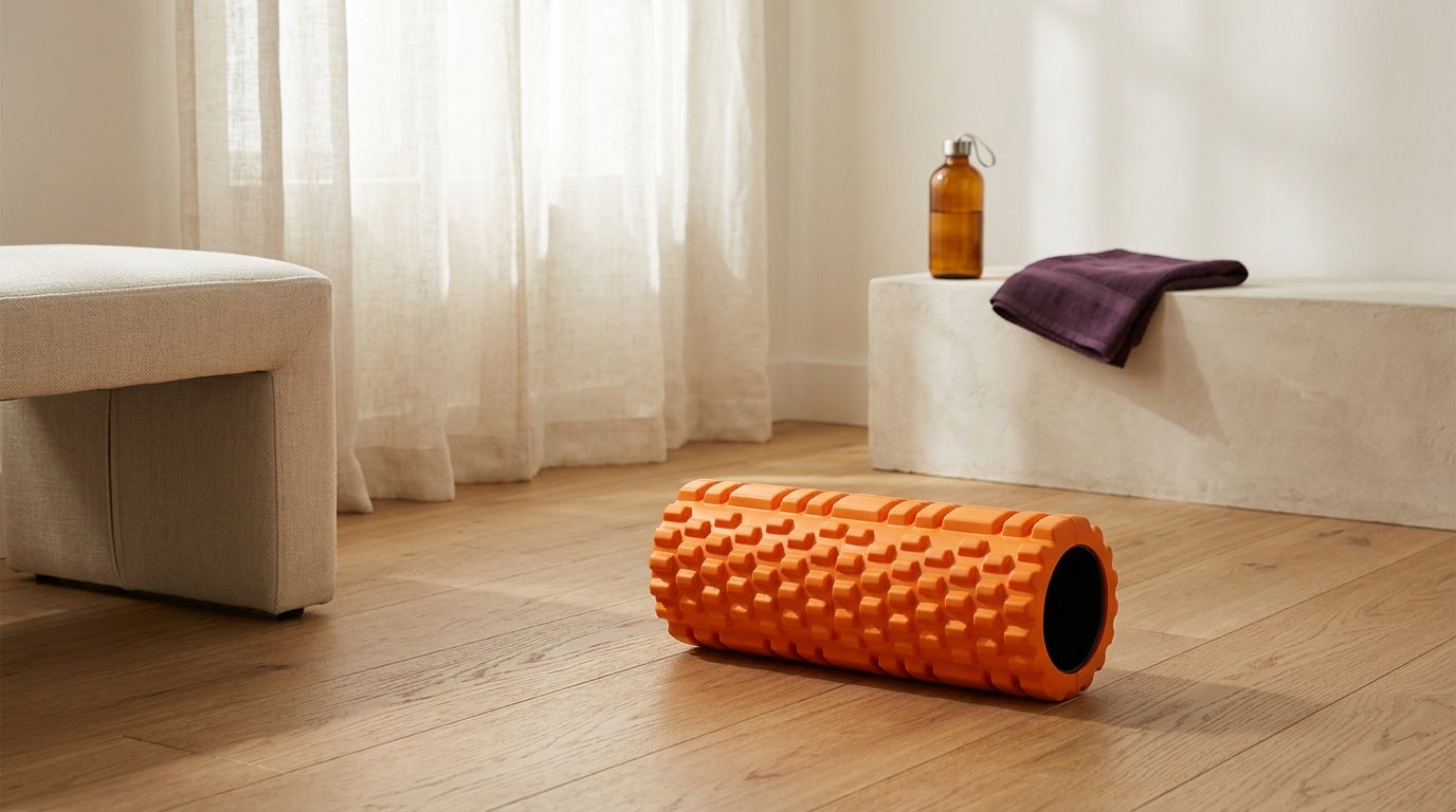 Orange foam roller on a neutral background — Notting Hill Equine Rider Fitness