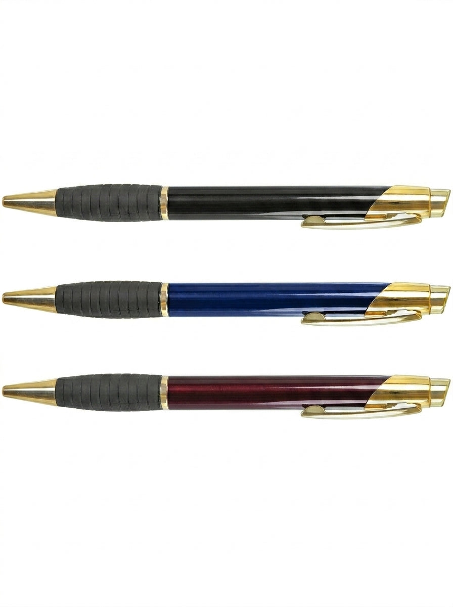 Three pens with black, blue, and red bodies and gold accents on a white background