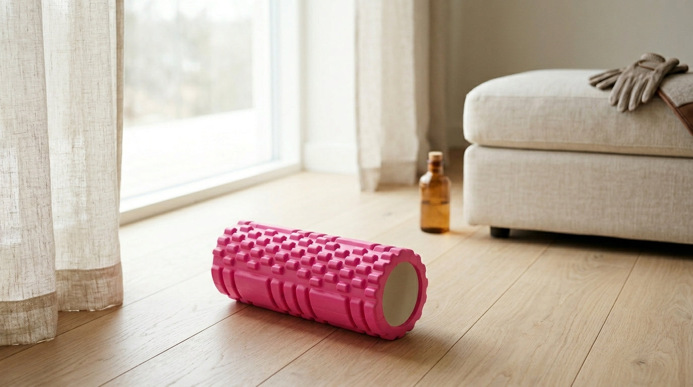  Pink foam roller on a neutral background — Notting Hill Equine Rider Fitness