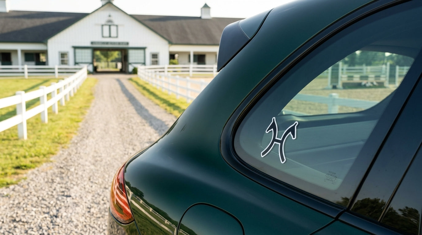 Hanoverian warmblood registry vinyl sticker on a dark green Porsche Cayenne outside a classic hunter jumper show barn, NHE warmblood sticker collection