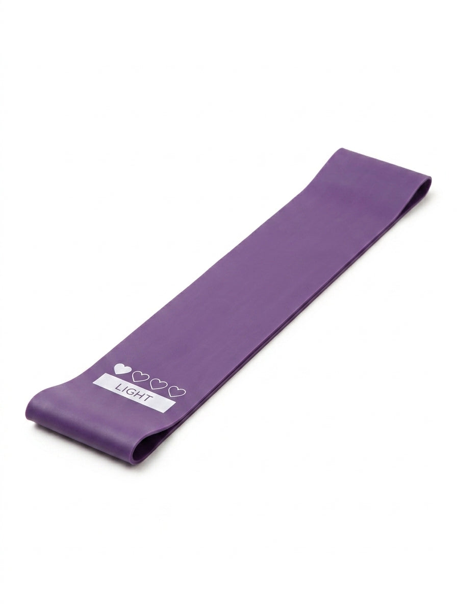 Purple resistance band with brand logo on a white background