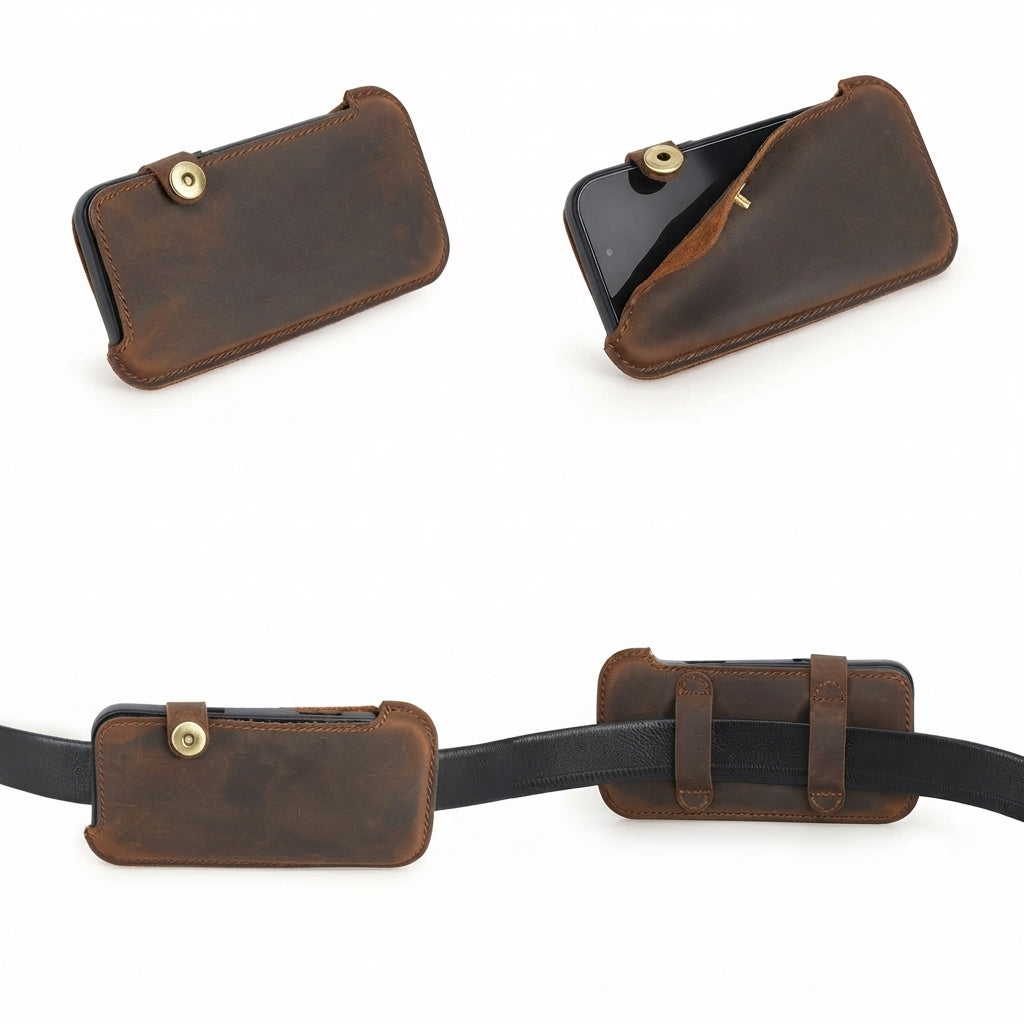 Leather Phone Holster for Riders with Magnetic Closure