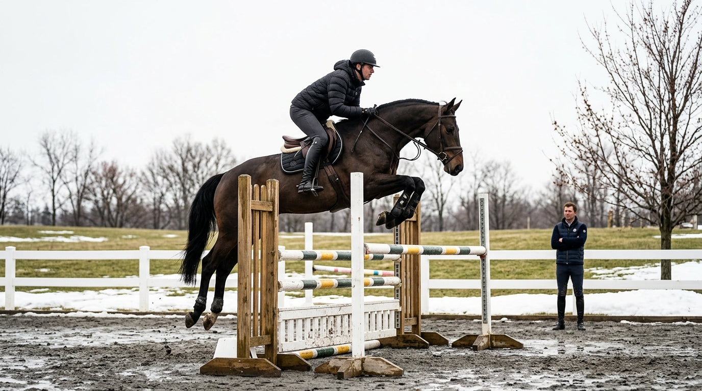 Rider jumping a bay horse over a fence in an outdoor arena in early spring — Notting Hill Equine