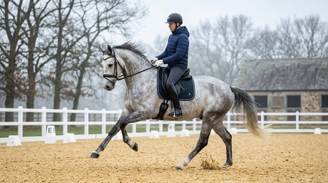 Rider schooling a grey horse at a working trot in an outdoor arena, bare trees visible in the background — Notting Hill Equine