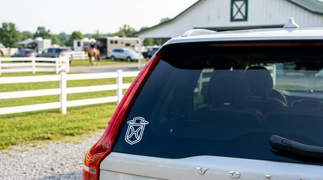 Holsteiner registry vinyl sticker on a silver Volvo XC90 outside a hunter jumper show barn, warmblood breed sticker decal