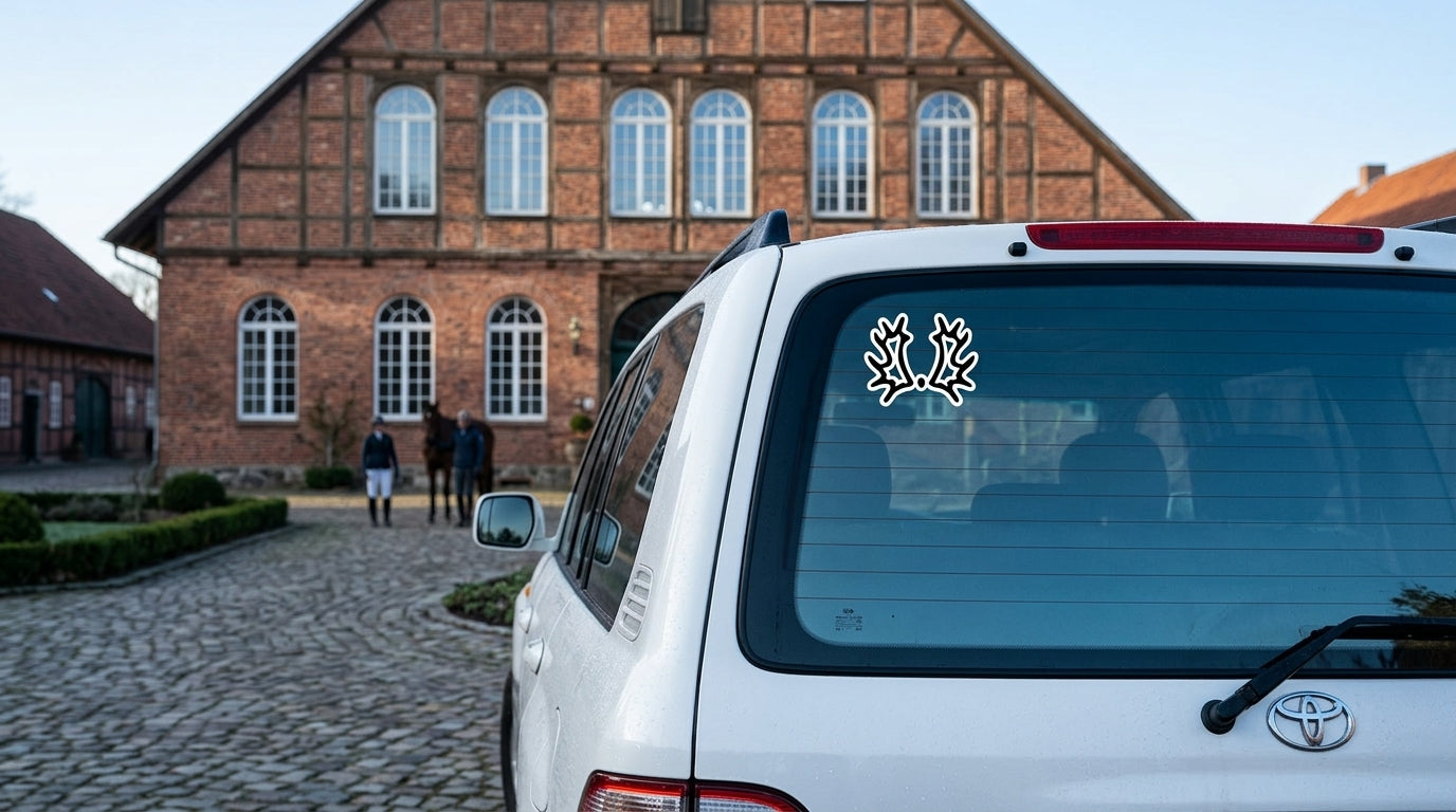 Trakehner registry vinyl sticker on a white Land Cruiser outside a classic German riding hall, warmblood breed sticker decal