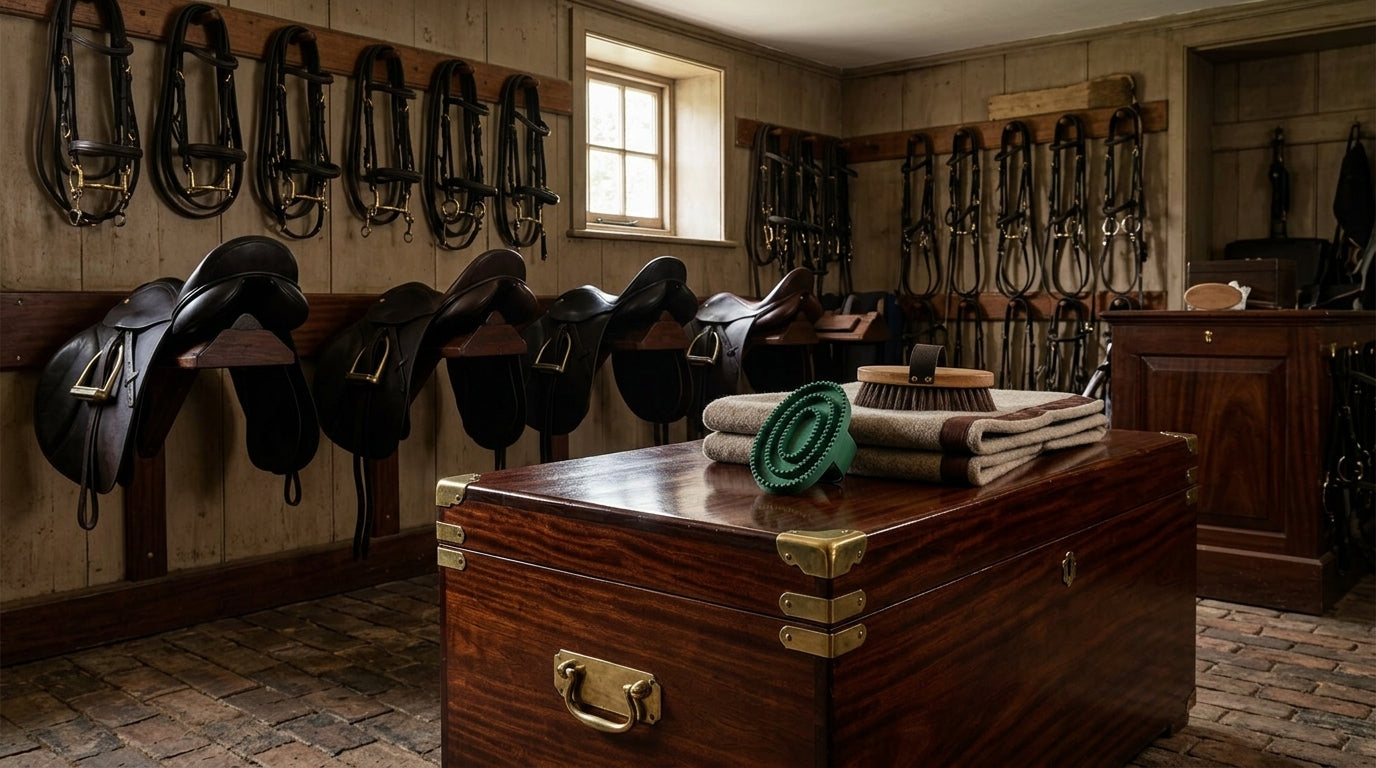 tack room with saddles, bridles, and brushes ontop of a wooden tack trunk, there's also a green curry comb