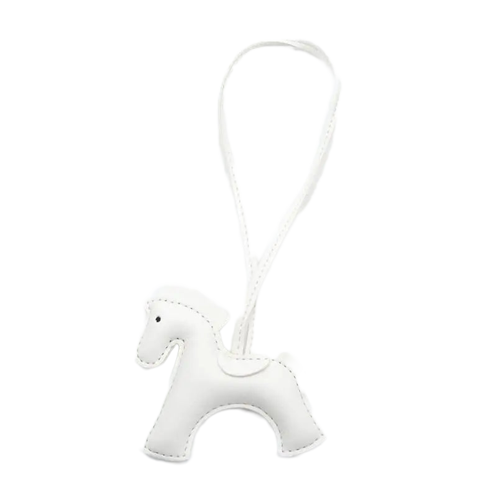 NHE leather pony keychain pendant in white colorway, equestrian bag charm for hunter jumper riders