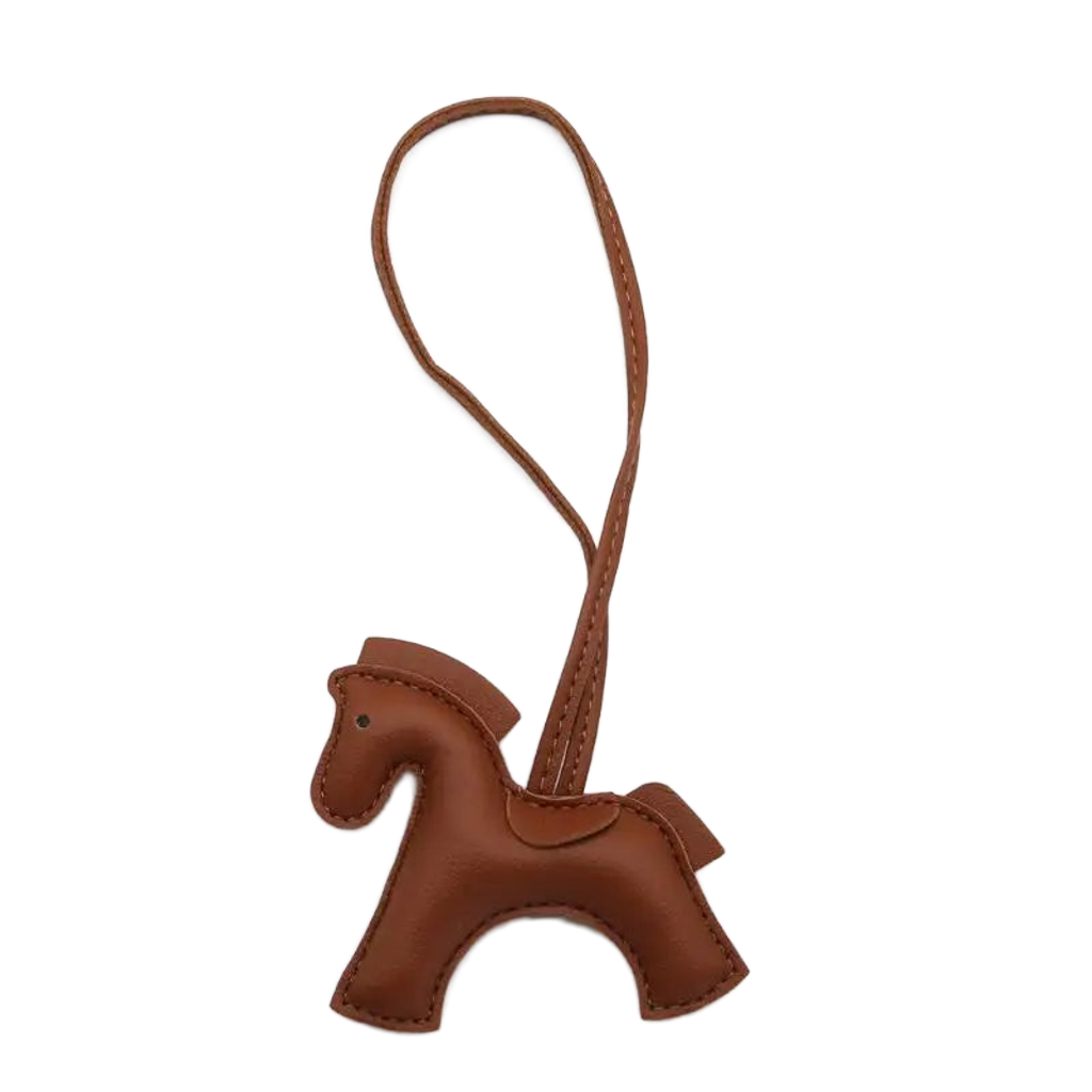 NHE leather pony keychain pendant in brown colorway, equestrian bag charm for hunter jumper riders