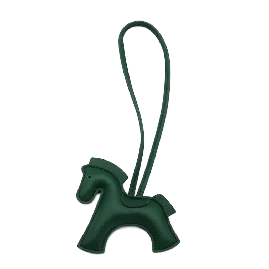 NHE leather pony keychain pendant in green colorway, equestrian bag charm for hunter jumper riders