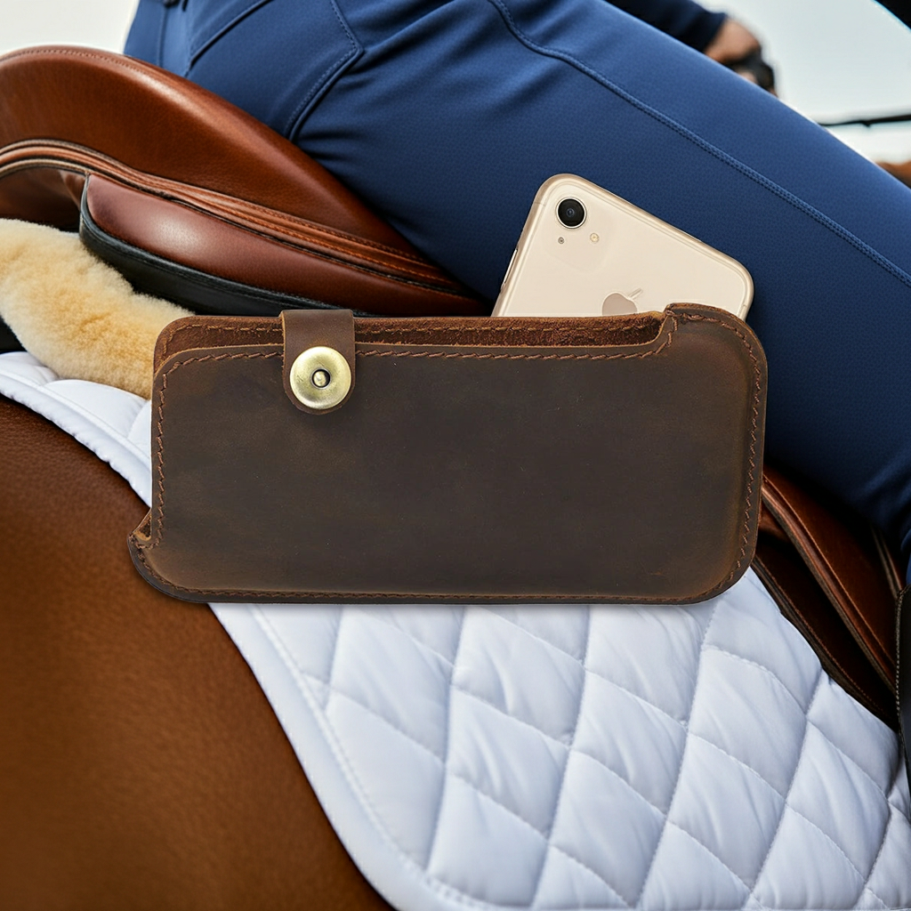Brown leather phone case on a saddle with a person wearing blue pants in the background