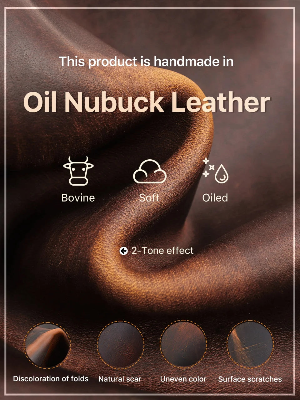 Oil Nubuck Leather with text and icons indicating product details.