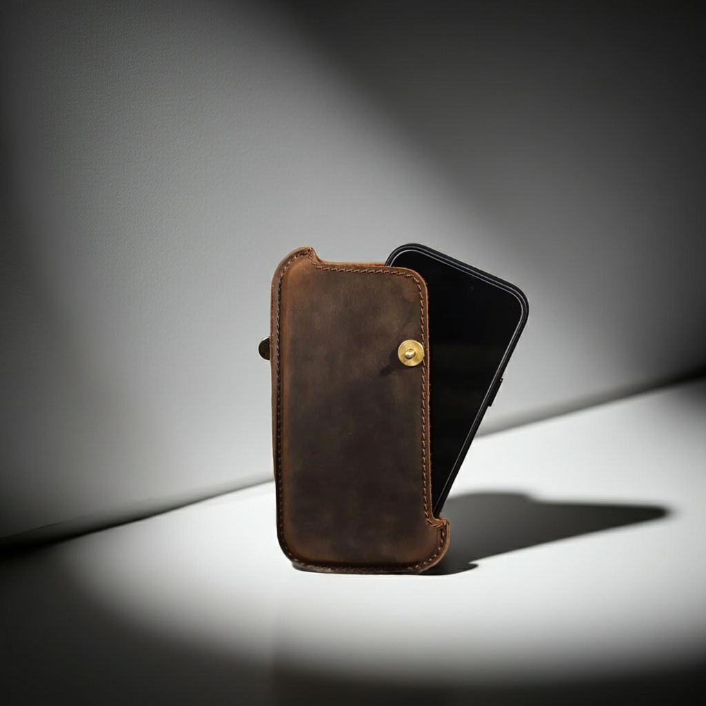Brown leather phone case with a black phone inside on a gray background