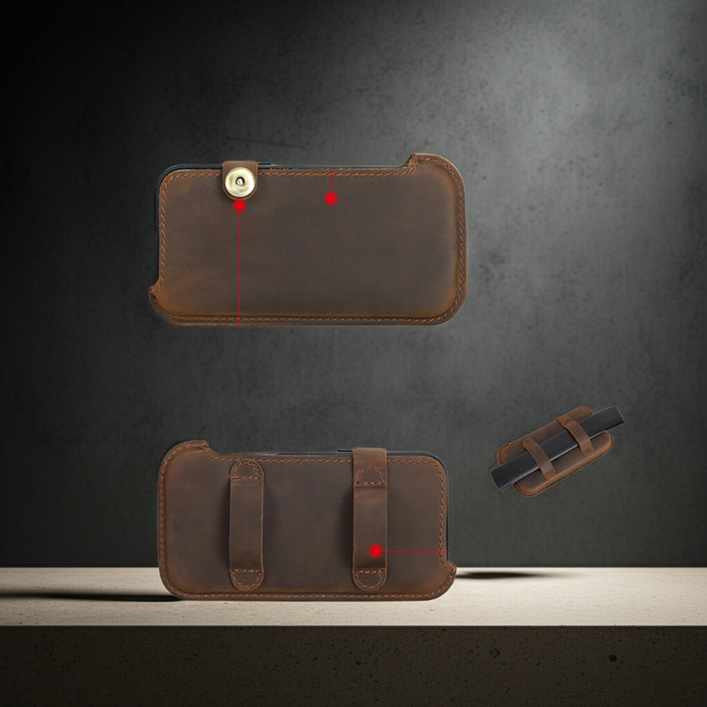 Brown leather phone case with red stitching on a dark gray background