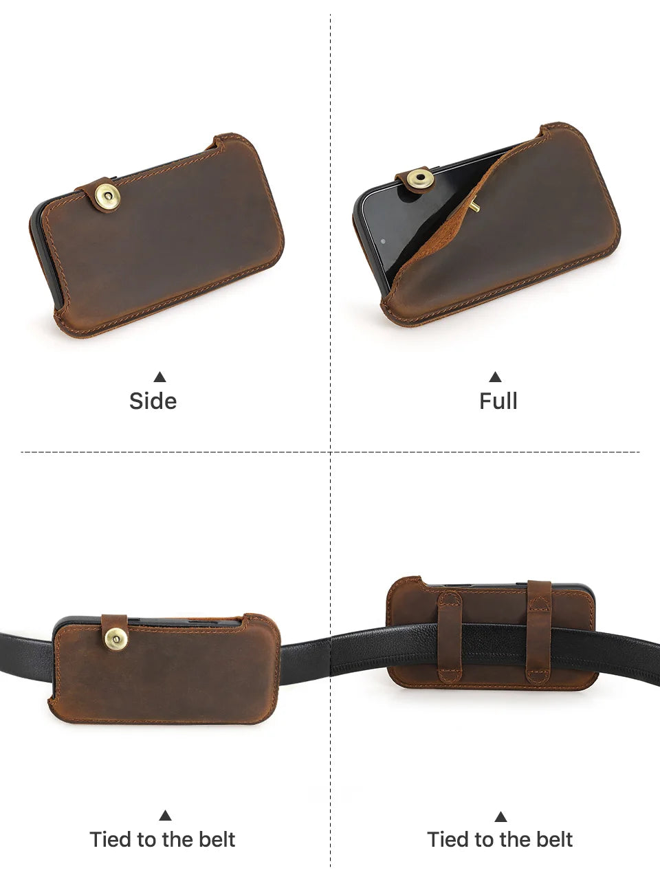 Brown leather phone case with various views on a white background