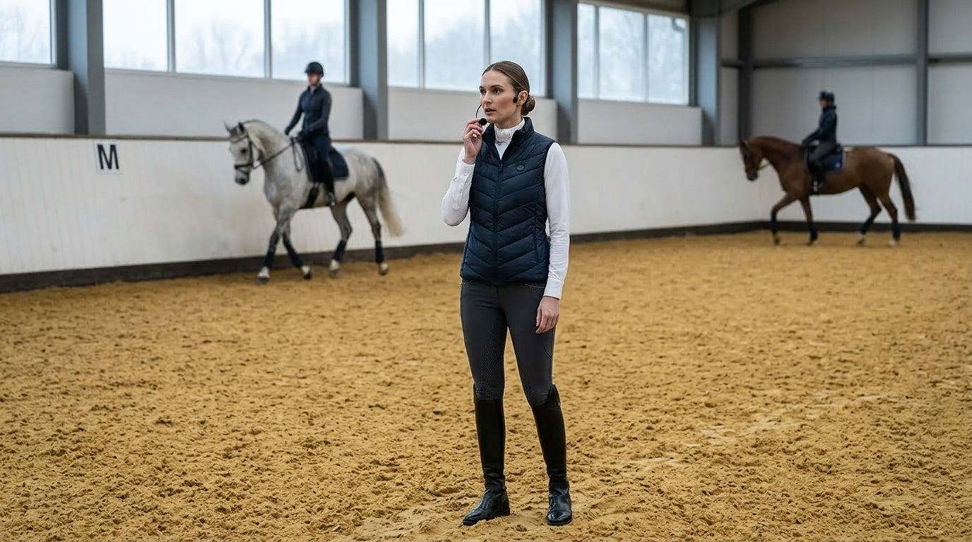 Trainer instructing riders in an outdoor arena during a group lesson — Notting Hill Equine