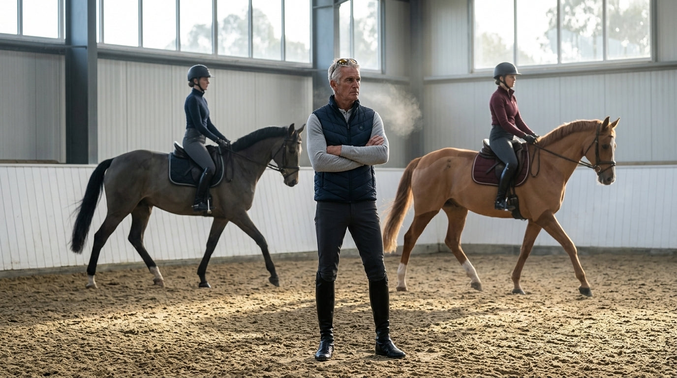 Trainer watching horses work in an outdoor arena from the rail — Notting Hill Equine