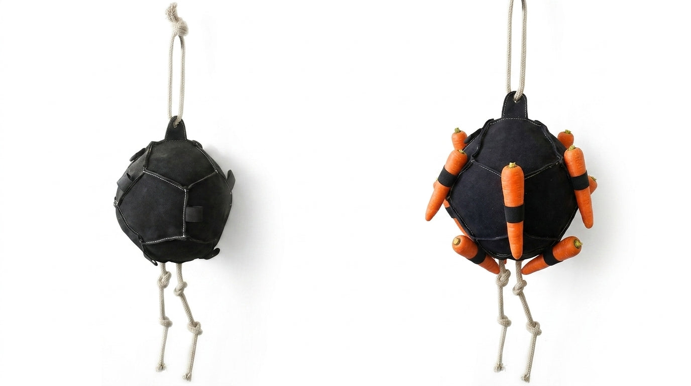 Two black and orange spider-like ornaments hanging against a white background