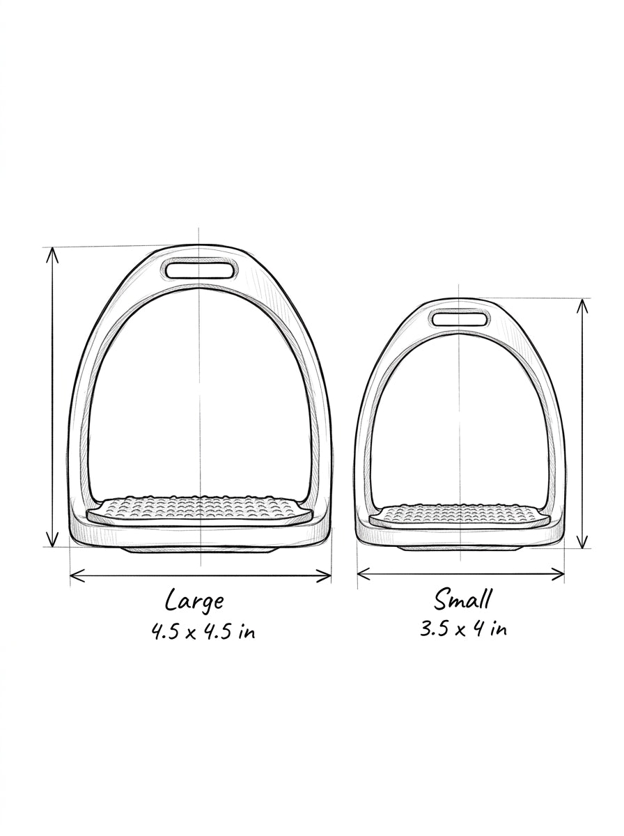Illustration of two pairs of equestrian stirrups with dimensions labeled.