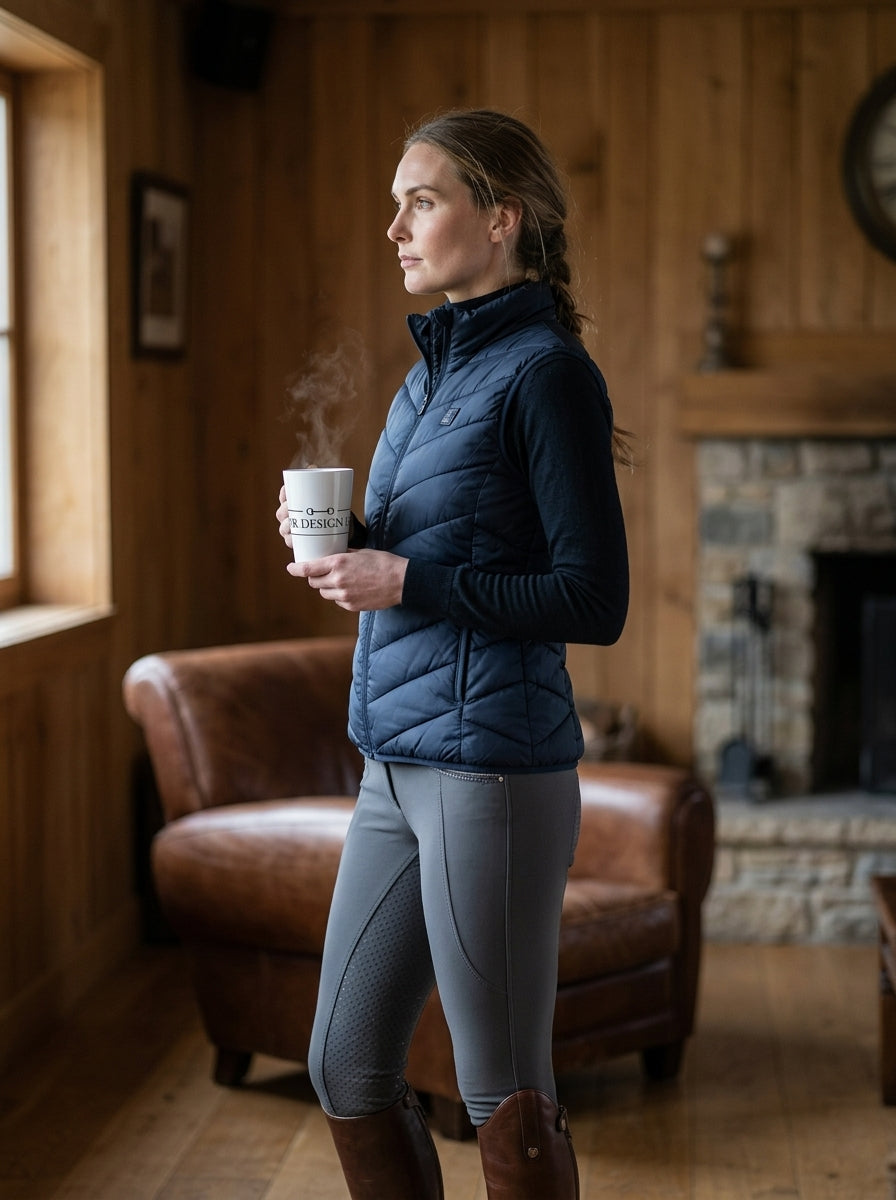 Woman in blue puffer jacket and gray leggings holding a steaming cup in a cozy room with wooden walls and a leather chair.