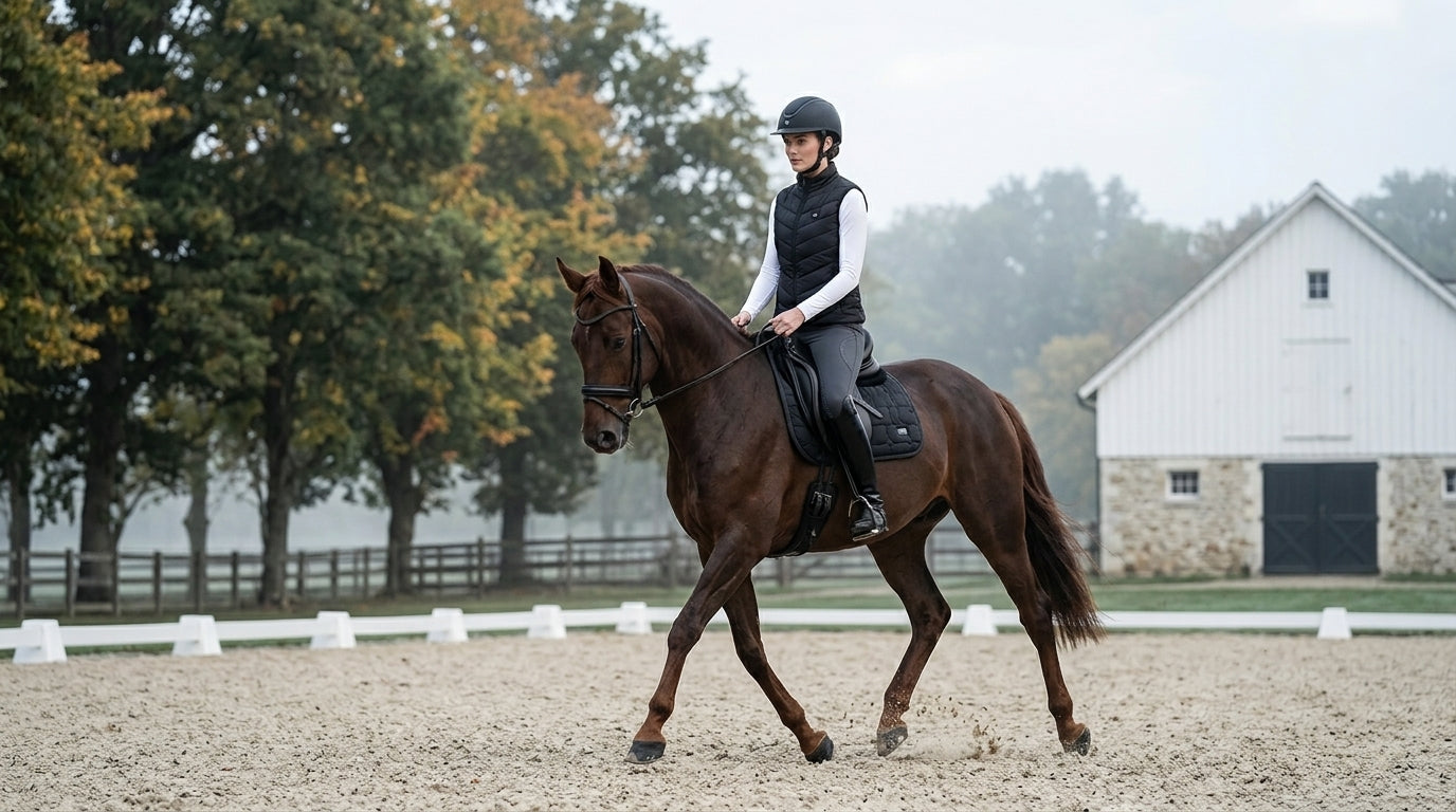 Woman riding a dark horse past a classic equestrian barn, editorial lifestyle photography — Notting Hill Equine