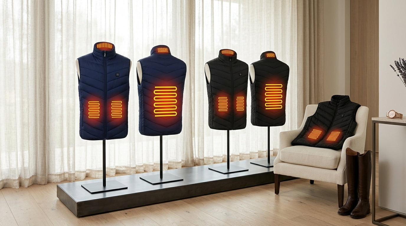 Four-zone heated vests in black and navy blue displayed together on mannequin stands — Notting Hill Equine