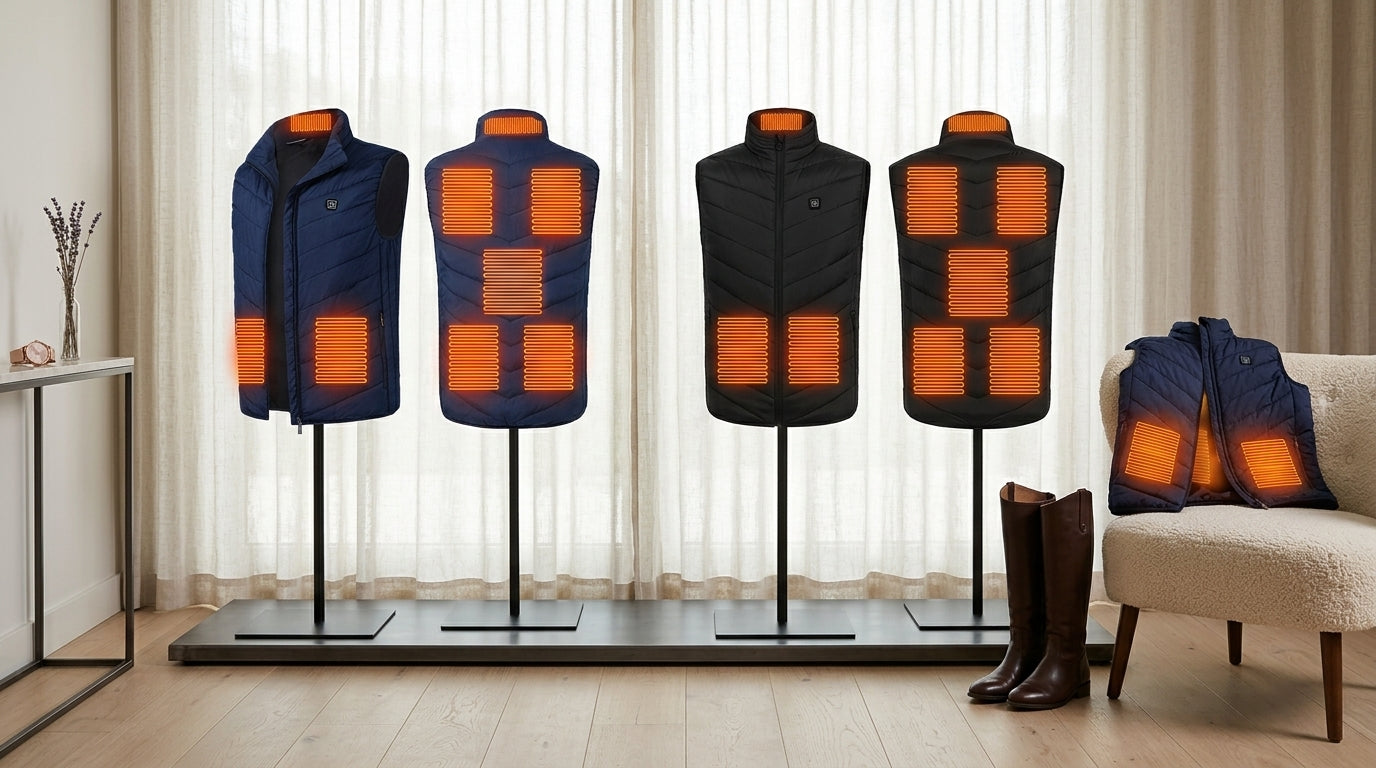 Eight-zone heated vests in black and navy blue displayed together on mannequin stands — Notting Hill Equine