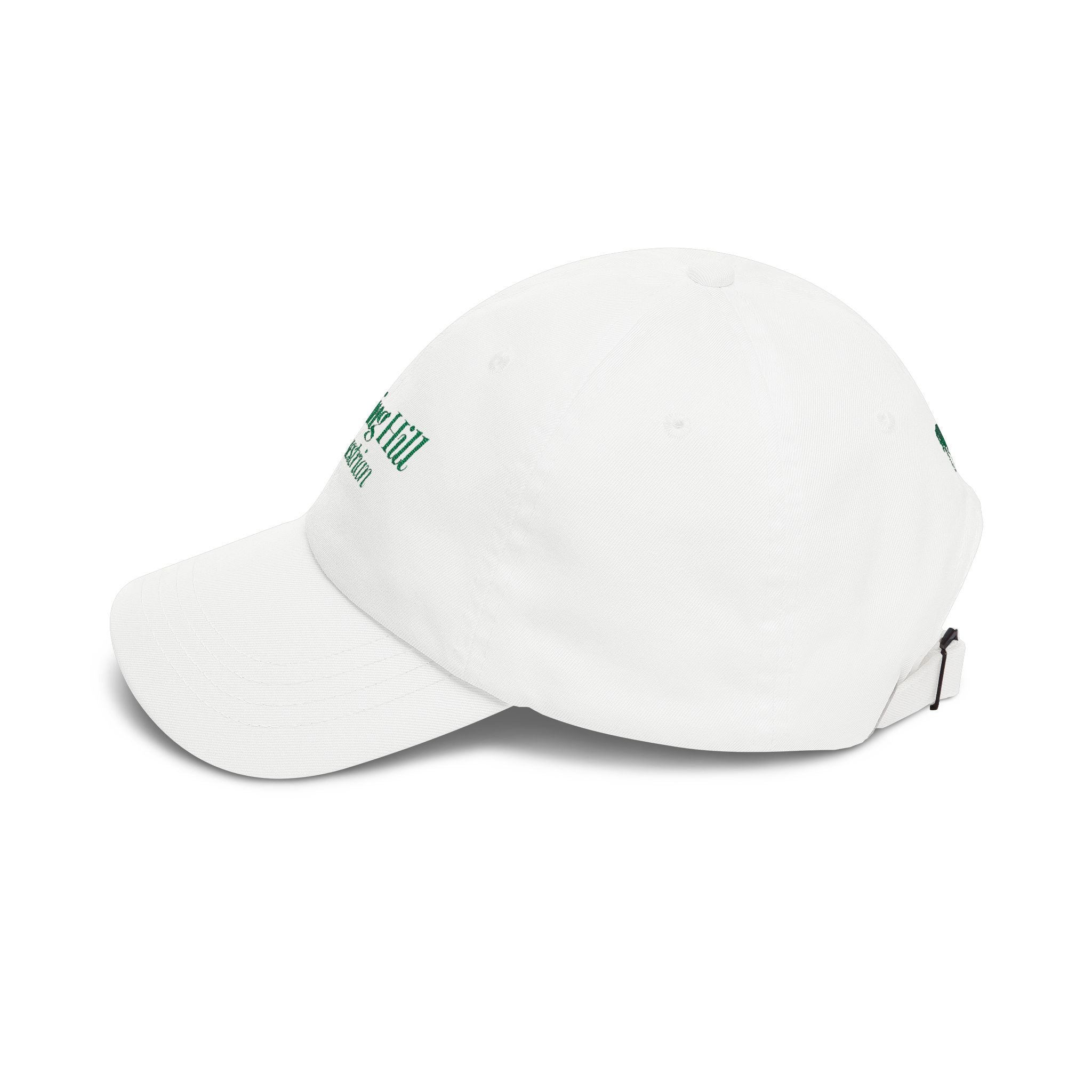Side view of white NHE Grand Prix baseball cap, structured fit equestrian lifestyle hat