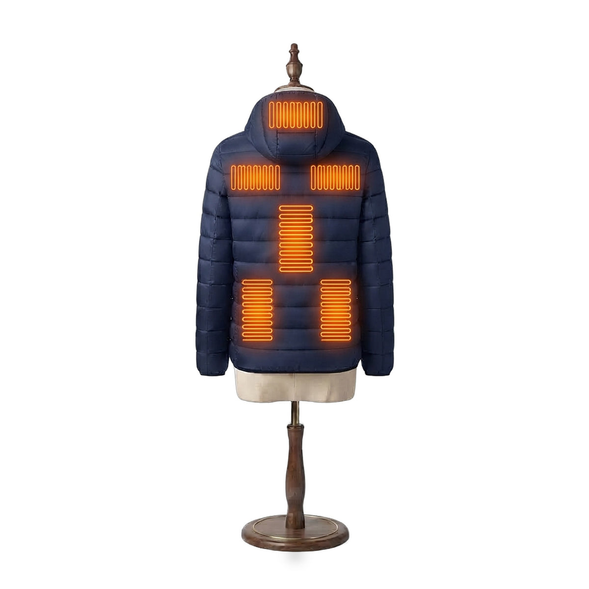 Barn Heated Jacket in Dusk navy, back view with heating on: collar, two upper-back, mid-back and two lower-back zones glowing