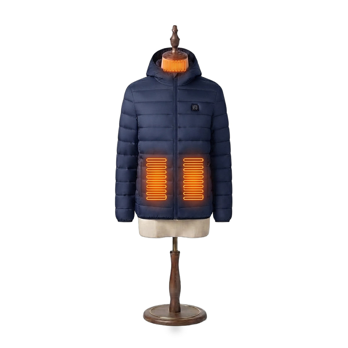 Barn Heated Jacket in Dusk navy, front view with heating on: glowing collar and two lower-front heating zones
