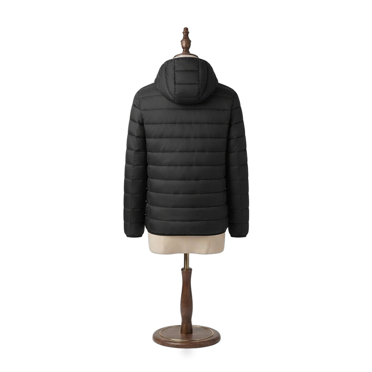 The Barn Heated Jacket in Midnight black, back view showing hood and quilting on a beige dress form