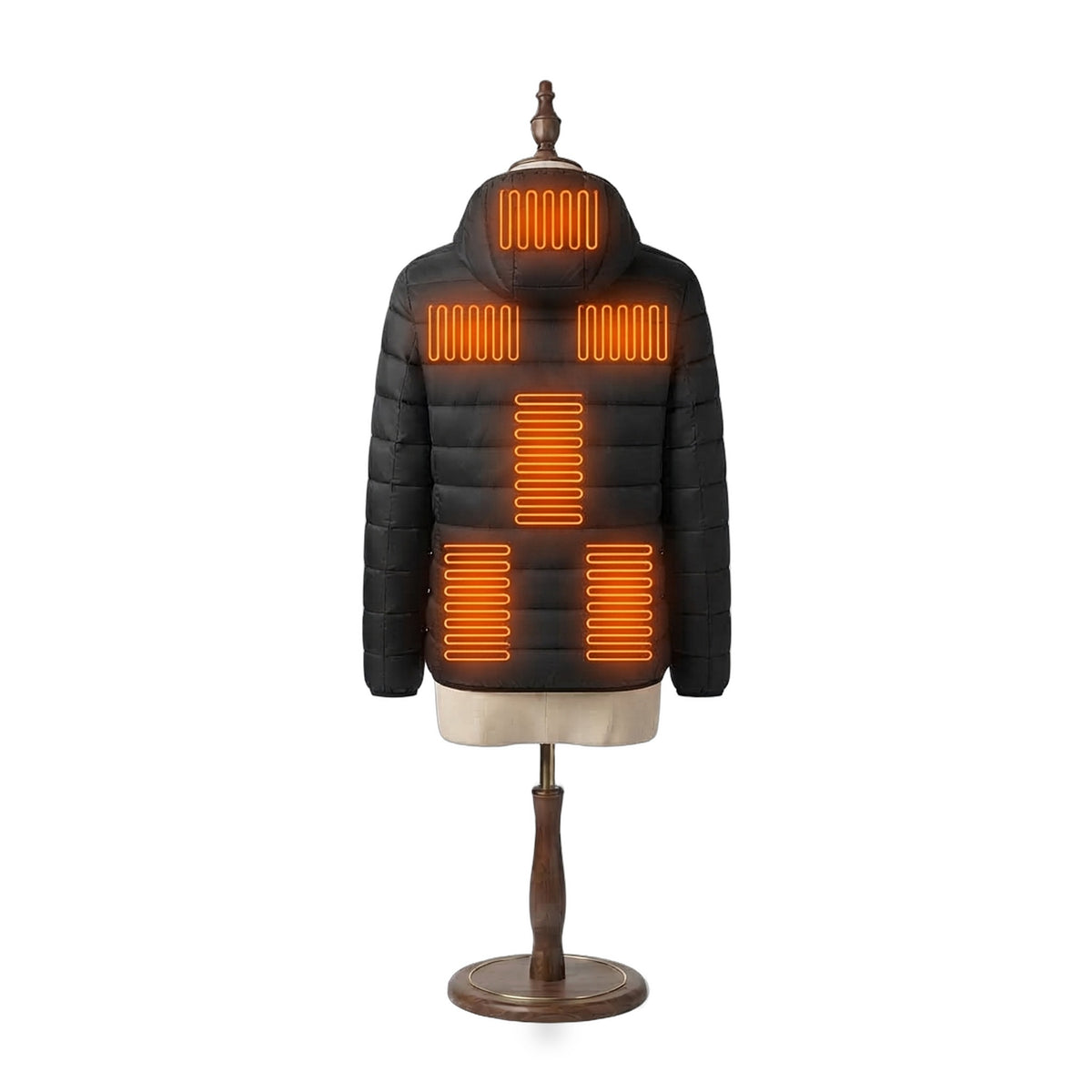 Barn Heated Jacket in Midnight, back view with heating on: collar, two upper-back, mid-back and two lower-back zones glowing