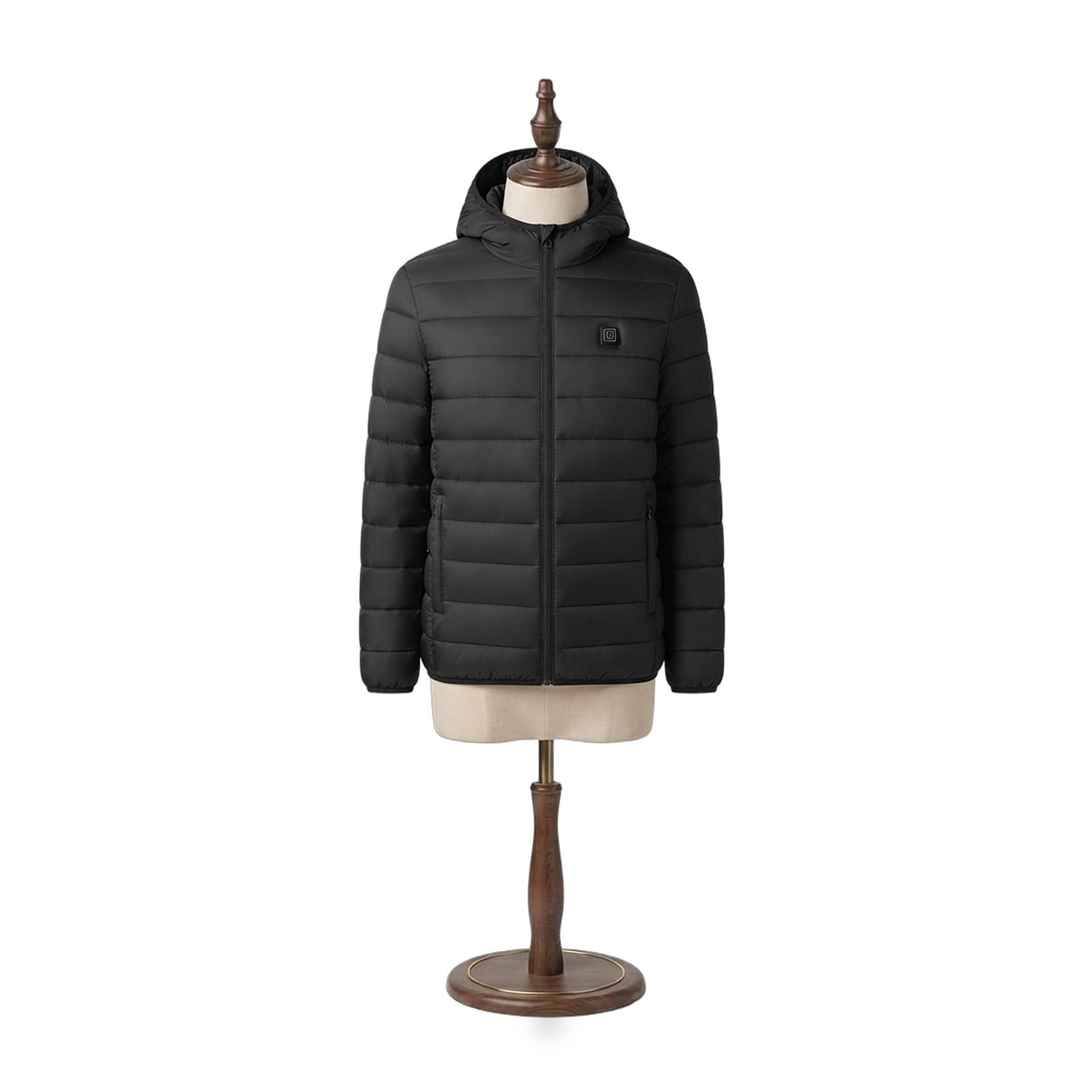 The Barn Heated Jacket in Midnight black, front view on a beige dress form with walnut stand — Notting Hill Equine