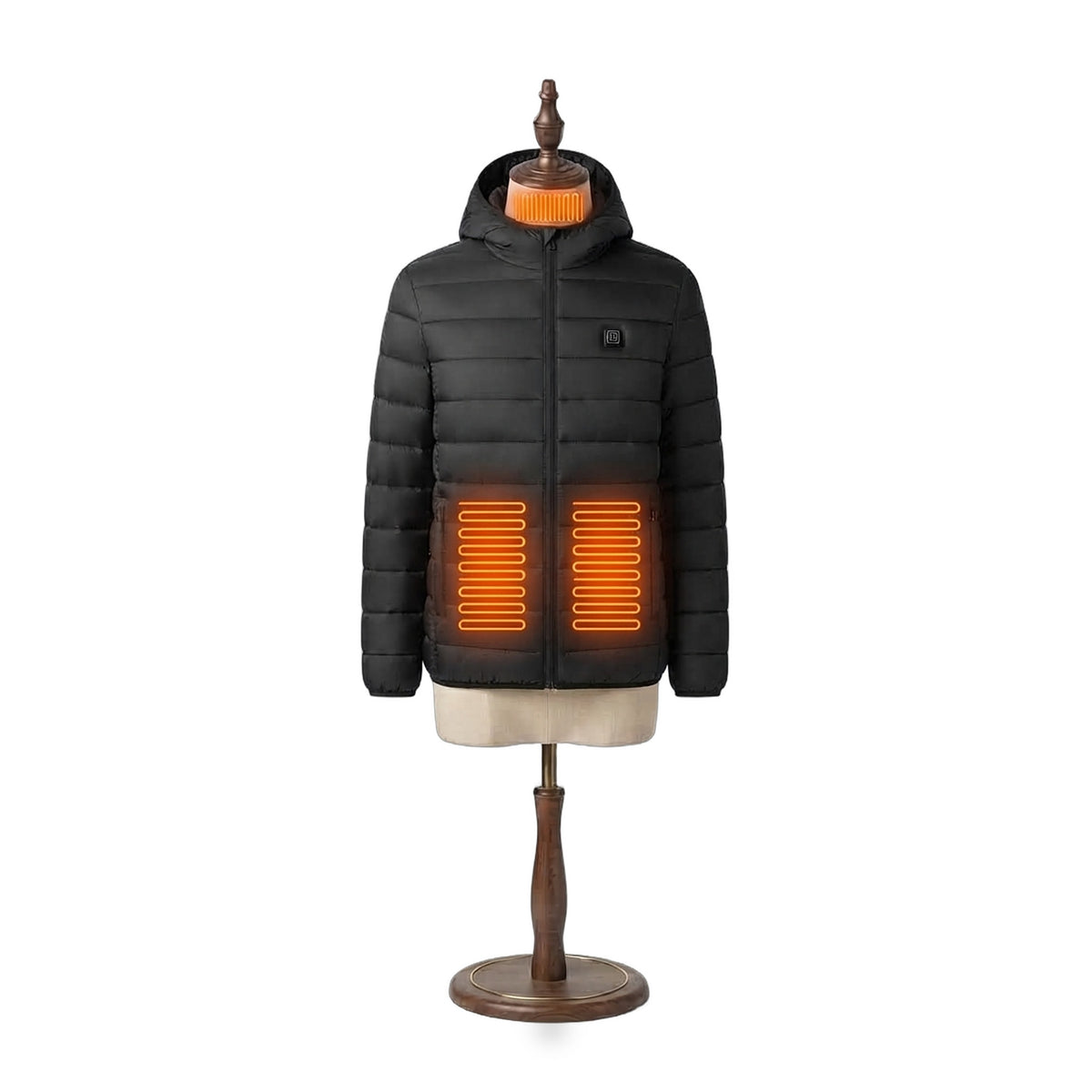 Barn Heated Jacket in Midnight, front view with heating on: glowing collar and two lower-front heating zones
