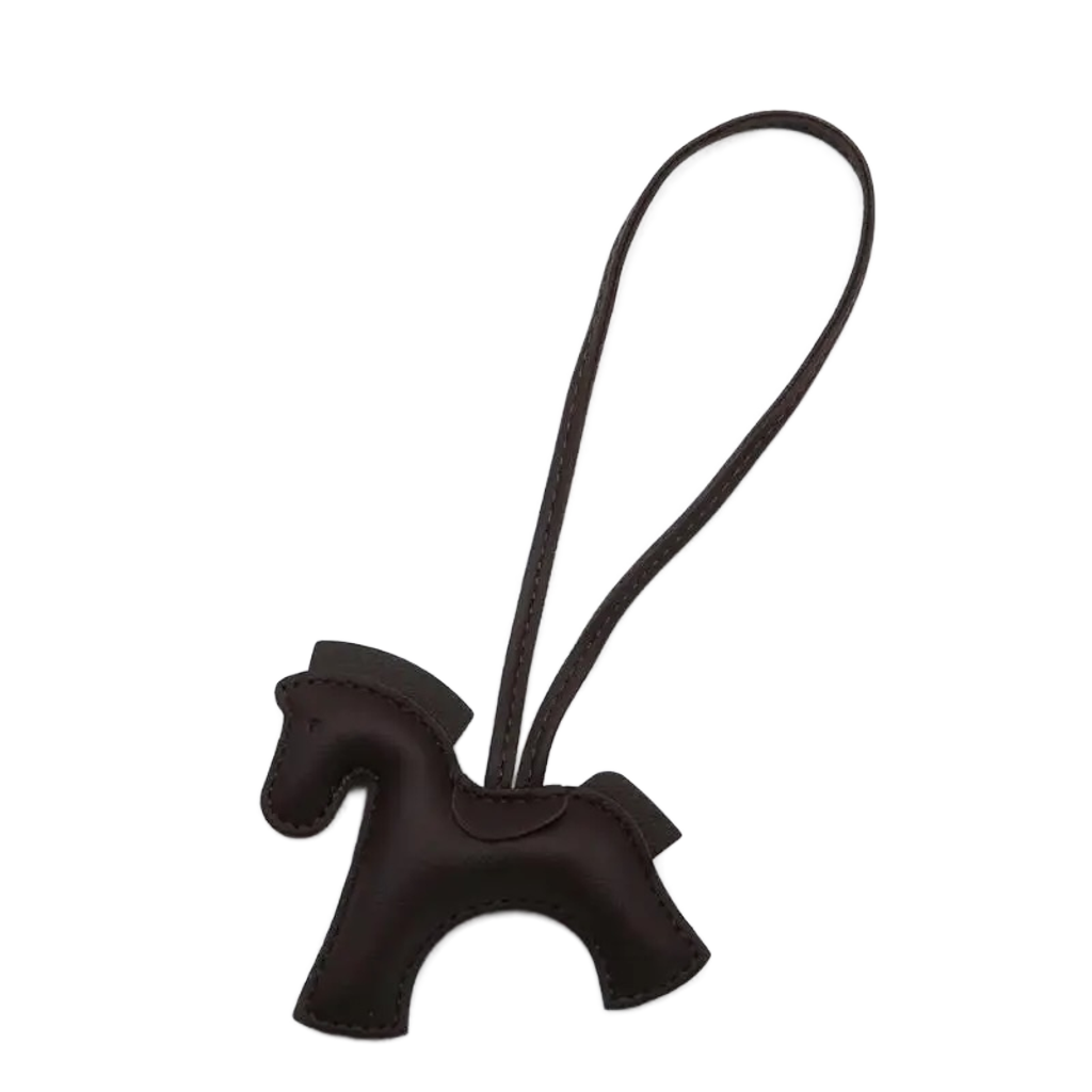 NHE leather pony keychain pendant in dark brown colorway, equestrian bag charm for hunter jumper riders