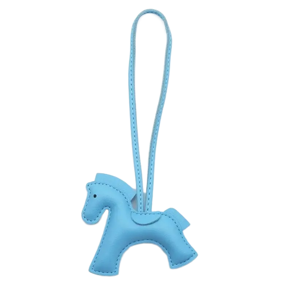 NHE leather pony keychain pendant in blue colorway, equestrian bag charm for hunter jumper riders