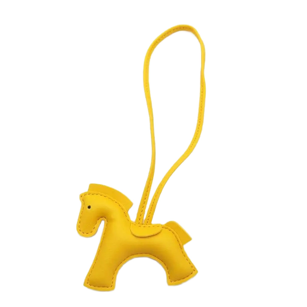 NHE leather pony keychain pendant in marigold colorway, equestrian bag charm for hunter jumper riders