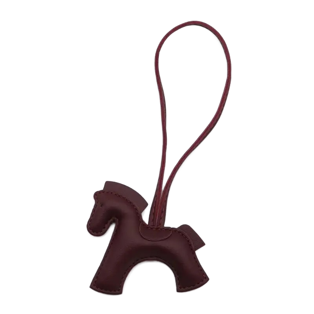 NHE leather pony keychain pendant in dark red colorway, equestrian bag charm for hunter jumper riders