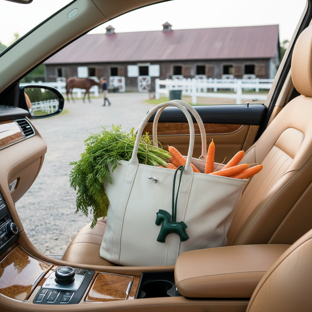 White handbag with carrots and greens on a car seat, with a horse and stable in the background.