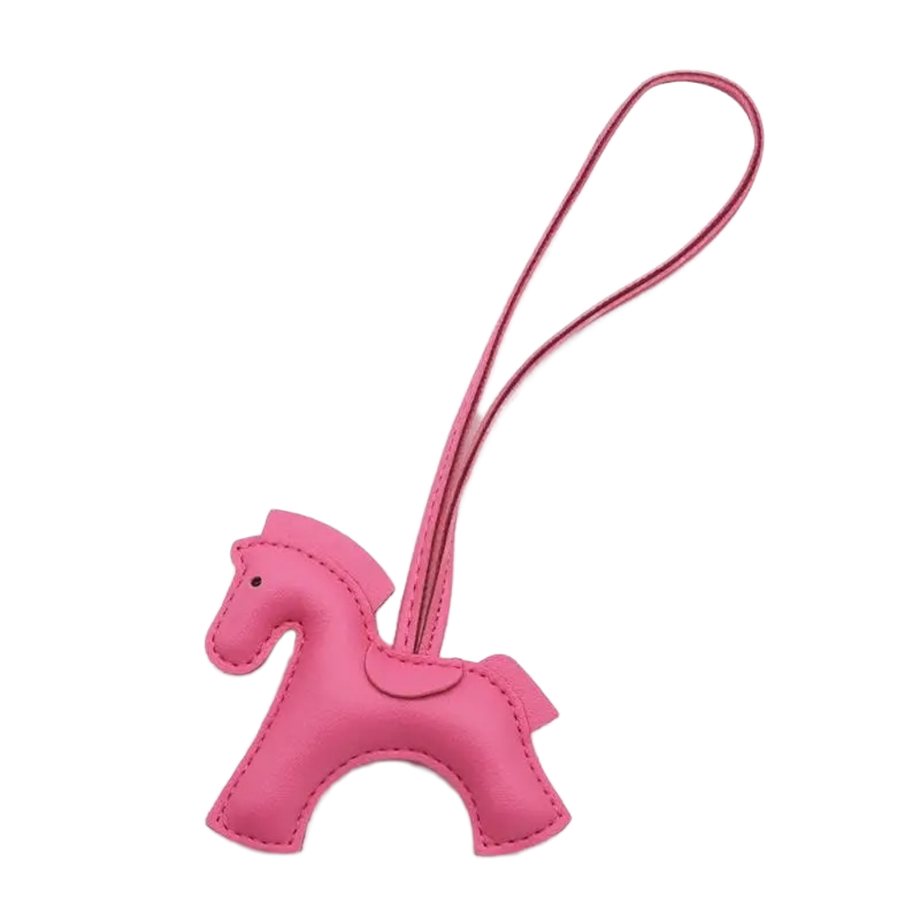 NHE leather pony keychain pendant in pink colorway, equestrian bag charm for hunter jumper riders