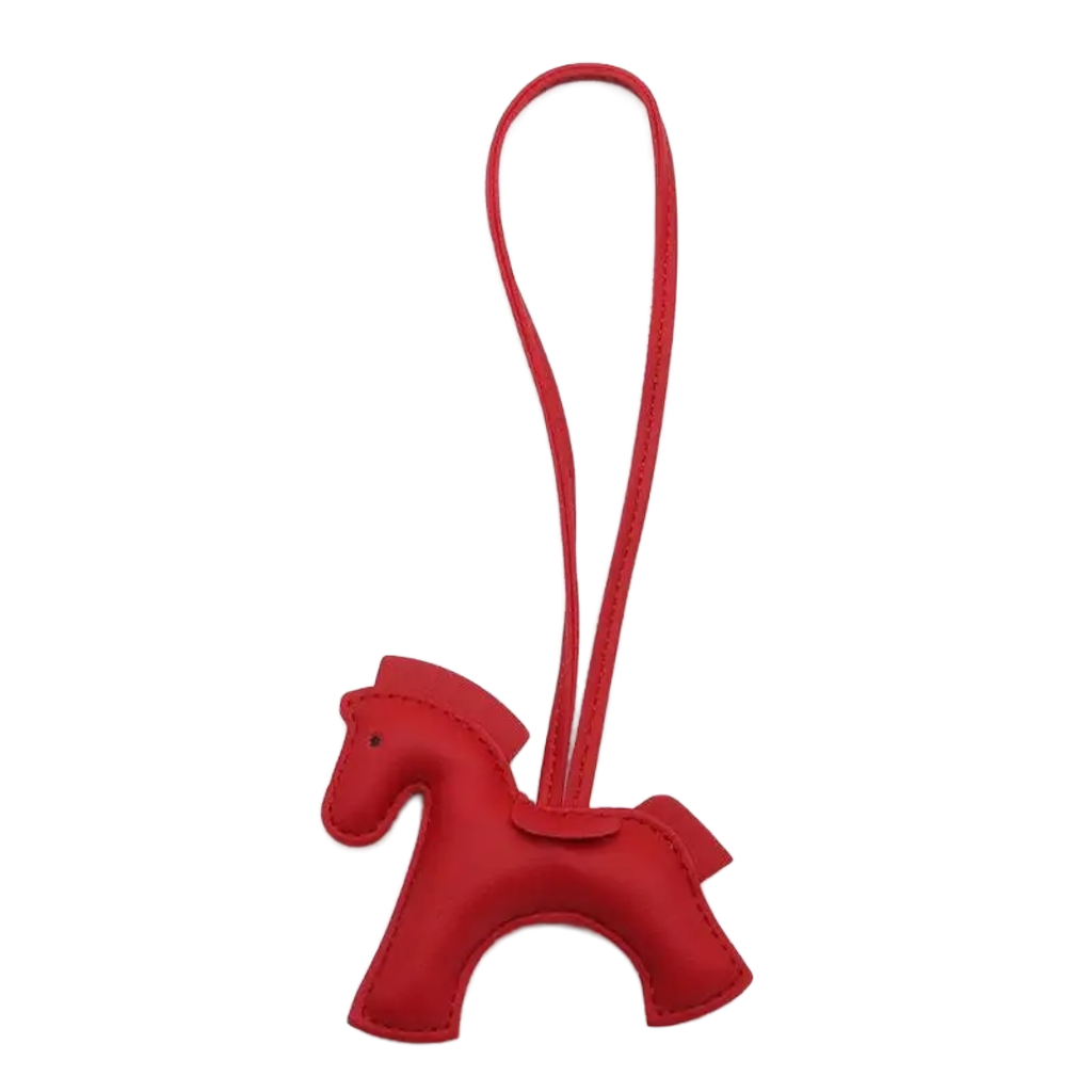 NHE leather pony keychain pendant in red colorway, equestrian bag charm for hunter jumper riders