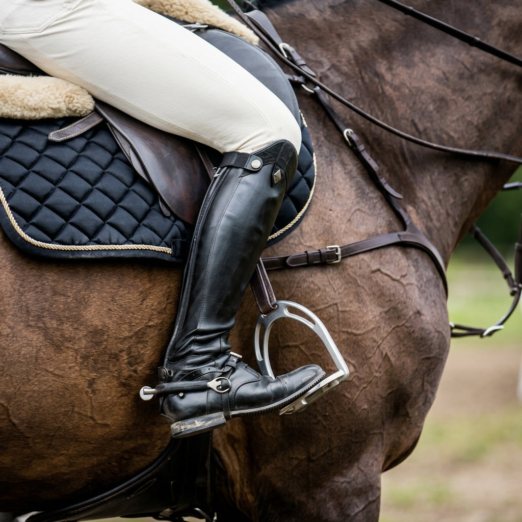 Rider's black tall boot in the stirrup with a Quick Zip replacement zipper slider — Notting Hill Equine