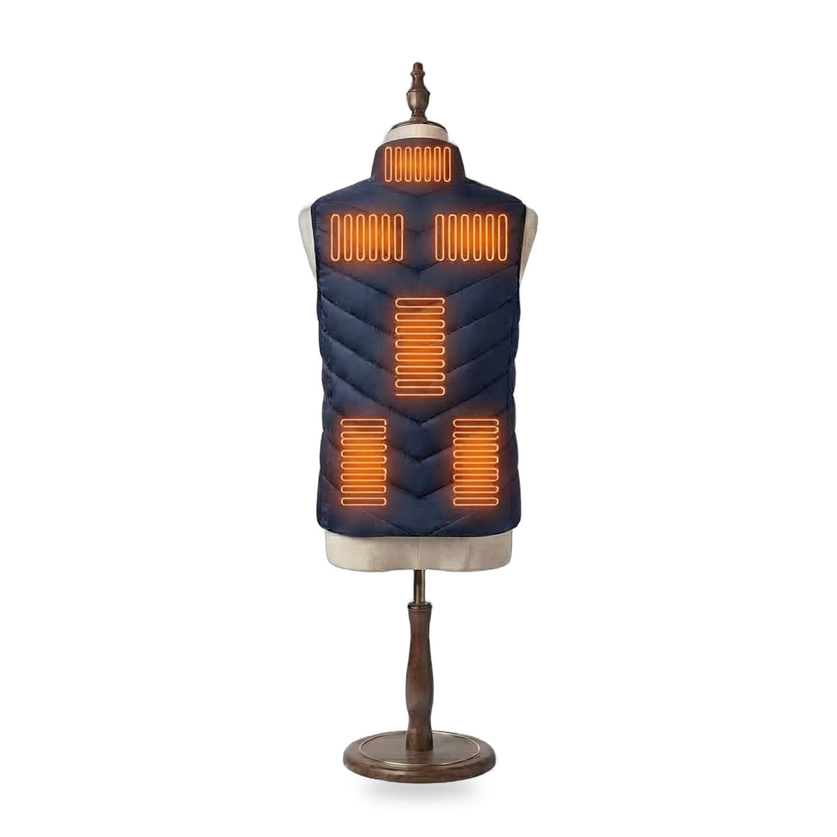 Warm Up Heated Vest in Dusk navy, back view with heating on: collar, two upper-back, mid-back and two lower-back zones glowing